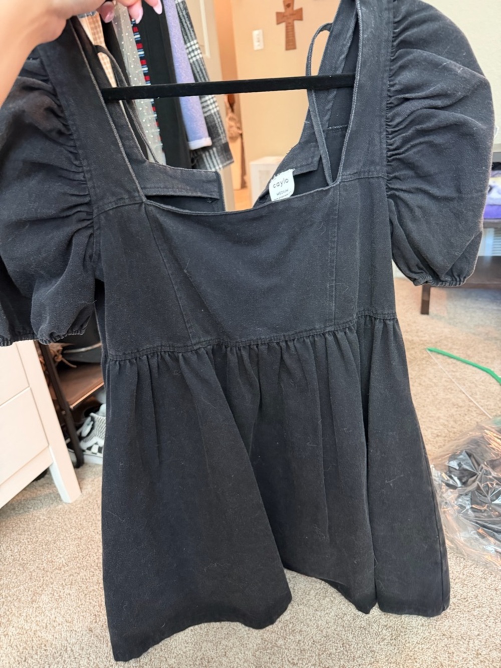 Boutique Black Denim Puff Sleeve Square Neck Womens Mini Dress